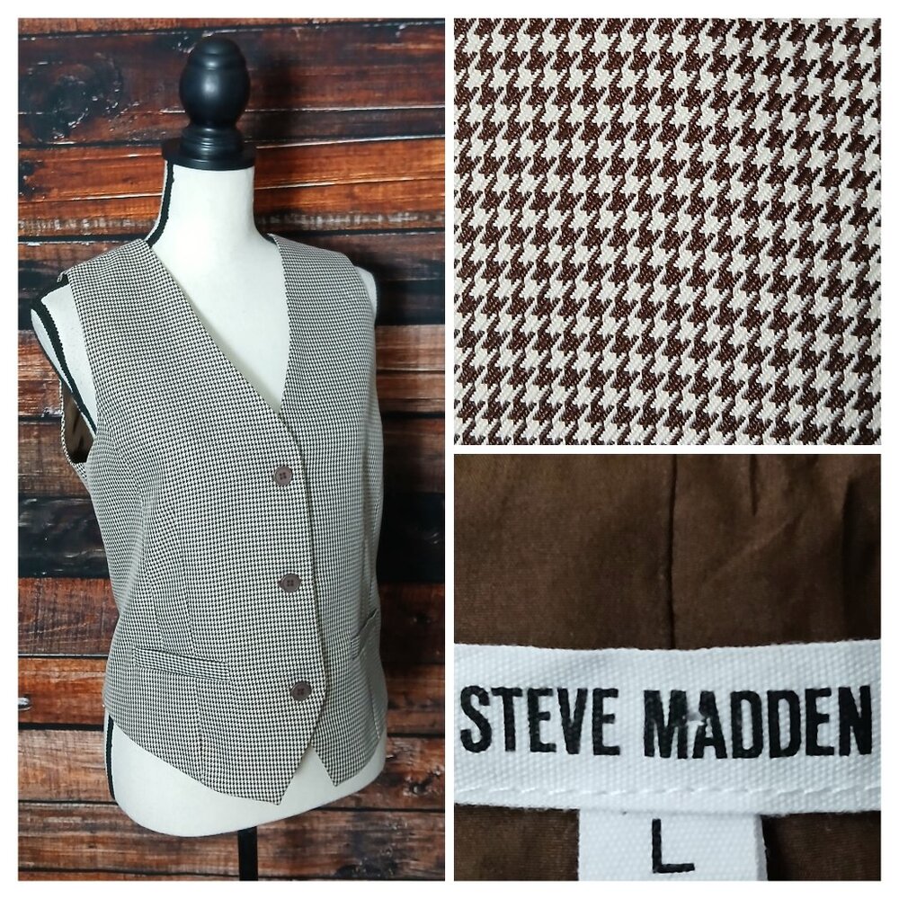 Steve Madden Vest L Brown White Houndstooth Button Front Lined Elastic Back